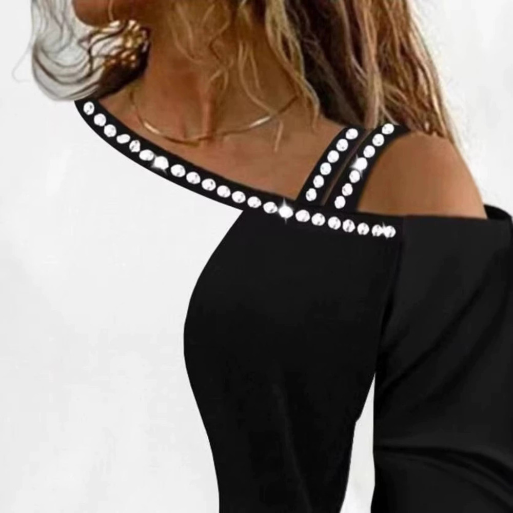 ZARA Summer Color Block Rhinestone Off Shoulder Tie Long Sleeve Top Loose Casual